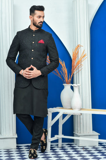 Black Color Resham Embroidered Prince Coat For Men